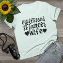 Printify eco-friendly women's relationship tee white shirt with Girlfriend Fiance Wife black text and hearts flatlay