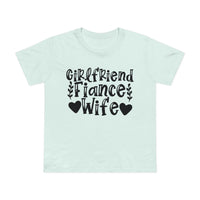 Printify eco-friendly women's relationship tee light mint T-shirt with black Girlfriend Fiance Wife design