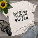 Cream eco-friendly women's relationship tee with black Girlfriend Fiance Wife design and heart leaf accents, flat lay