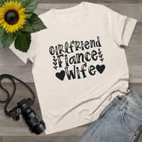 Cream eco-friendly women's relationship tee with black Girlfriend Fiance Wife design and heart leaf accents, flat lay