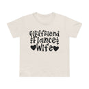 Cream Printify tshirt with black Girlfriend Fiance Wife text and heart motifs eco-friendly women's relationship tee