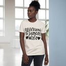 Printify eco-friendly women's relationship tee white crewneck with Girlfriend Fiance Wife black design on model