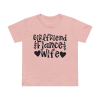 Printify pink women's tee with black Girlfriend Fiance Wife hearts graphic, eco-friendly women's relationship tee