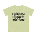 Printify eco-friendly women's relationship tee pale green shirt with black Girlfriend Fiance Wife text and heart accents