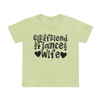 Printify eco-friendly women's relationship tee pale green shirt with black Girlfriend Fiance Wife text and heart accents