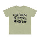 Printify light green tee with black Girlfriend Fiance Wife lettering and heart accents eco-friendly women's relationship tee