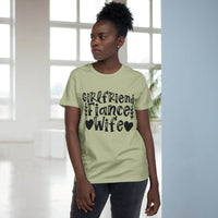 Model wearing eco-friendly women's relationship tee in sage green with black Girlfriend Fiance Wife typography