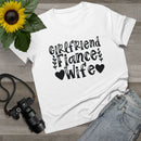 Printify eco-friendly women's relationship tee white shirt Girlfriend Fiance Wife black graphic hearts floral accents