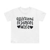 Printify white T shirt with black Girlfriend Fiance Wife typography and heart leaf accents eco-friendly women's relationship tee