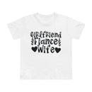 Printify white T shirt with black Girlfriend Fiance Wife typography and heart leaf accents eco-friendly women's relationship tee