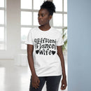 Model wearing Printify eco-friendly women's relationship tee white crewneck with black Girlfriend Fiance Wife design