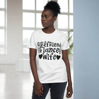 Model wearing Printify eco-friendly women's relationship tee white crewneck with black Girlfriend Fiance Wife design