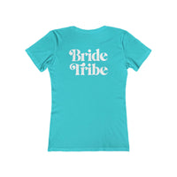 Printify turquoise fitted t shirt with white Bride Tribe back print eco-friendly bride tribe shirt for bachelorette