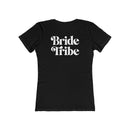 Printify black fitted ladies T shirt with white retro Bride Tribe text on back eco-friendly bride tribe shirt
