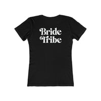 Printify black fitted ladies T shirt with white retro Bride Tribe text on back eco-friendly bride tribe shirt