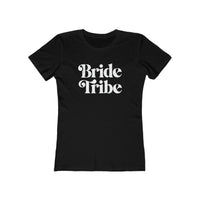 Printify black womens eco-friendly bride tribe shirt with white retro Bride Tribe print for bachelorette parties