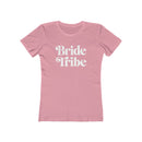 Printify pink fitted t shirt with white Bride Tribe script for bachelorette eco-friendly bride tribe shirt