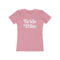 Printify pink fitted t shirt with white Bride Tribe script for bachelorette eco-friendly bride tribe shirt