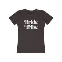 Printify dark fitted womens t shirt with white retro Bride Tribe print eco-friendly bride tribe shirt for bachelorette