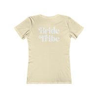 Printify fitted beige t shirt with white retro Bride Tribe print on back eco-friendly bride tribe shirt for bachelorette