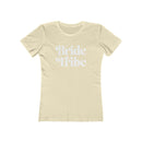 Printify eco-friendly bride tribe shirt cream fitted womens tee with white retro Bride Tribe script for bachelorette