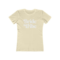 Printify eco-friendly bride tribe shirt cream fitted womens tee with white retro Bride Tribe script for bachelorette