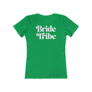 Green women's T-shirt with white Bride Tribe back print for bachelorette parties eco-friendly bride tribe shirt