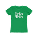 Printify green fitted womens T shirt with white retro Bride Tribe text for bachelorette parties eco-friendly bride tribe shirt