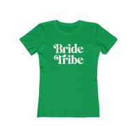 Printify green fitted womens T shirt with white retro Bride Tribe text for bachelorette parties eco-friendly bride tribe shirt