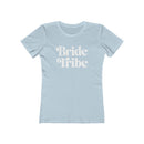 Printify light blue fitted womens T shirt with white retro Bride Tribe print eco-friendly bride tribe shirt