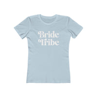 Printify light blue fitted womens T shirt with white retro Bride Tribe print eco-friendly bride tribe shirt