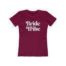 Printify maroon fitted t shirt with white retro Bride Tribe text eco-friendly bride tribe shirt for bachelorette
