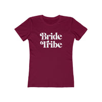 Printify maroon fitted t shirt with white retro Bride Tribe text eco-friendly bride tribe shirt for bachelorette