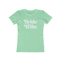 Mint green fitted tee with white retro Bride Tribe print eco-friendly bride tribe shirt for bachelorette parties