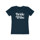 Printify women's navy fitted tee with white retro Bride Tribe text eco-friendly bride tribe shirt for bachelorette