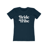 Printify women's navy fitted tee with white retro Bride Tribe text eco-friendly bride tribe shirt for bachelorette