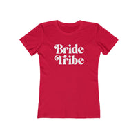 Red fitted womens tee with white Bride Tribe script for bachelorette parties eco-friendly bride tribe shirt
