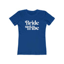 Printify royal blue fitted womens t shirt with white retro Bride Tribe script eco-friendly bride tribe shirt for bachelorette party