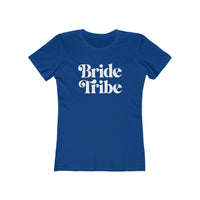 Printify royal blue fitted womens t shirt with white retro Bride Tribe script eco-friendly bride tribe shirt for bachelorette party