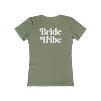 Printify olive green ladies t shirt with white Bride Tribe back print eco-friendly bride tribe shirt for bachelorette group