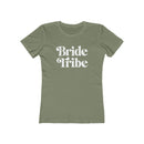 Printify eco-friendly bride tribe shirt olive green fitted womens tee with white retro Bride Tribe text