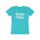 Printify turquoise fitted womens T shirt with white Bride Tribe retro text eco-friendly bride tribe shirt for bachelorette party
