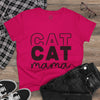 eco-friendly cat mom shirt Printify magenta tshirt with bold black CAT CAT mama design laid flat with jeans and sneakers