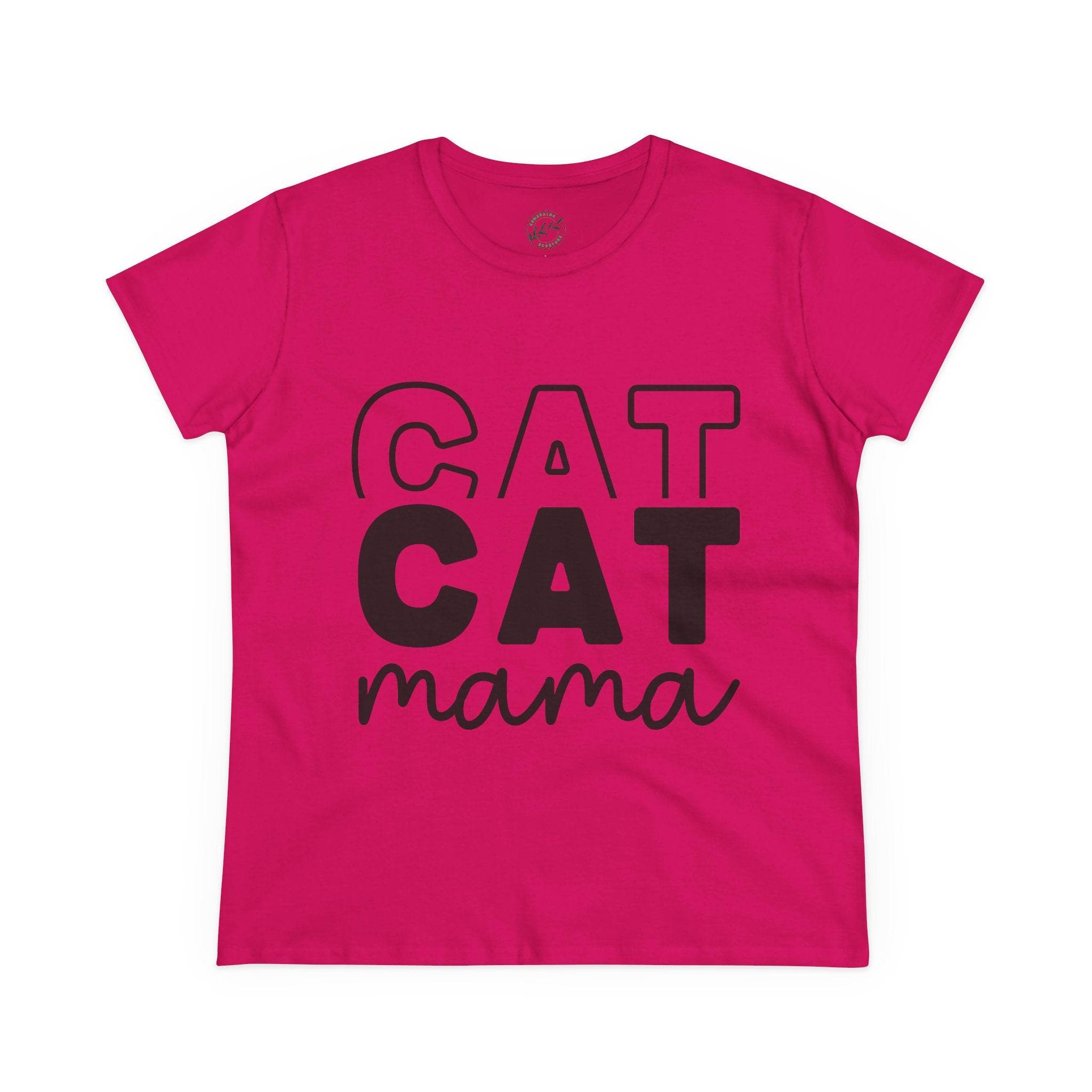 Printify pink short sleeve tee with black CAT CAT mama print eco-friendly cat mom shirt for casual wear