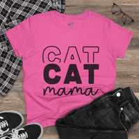 Printify pink eco-friendly cat mom shirt with bold black CAT CAT mama graphic flat with jeans and sneakers