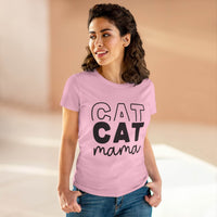 Printify model wearing pink eco-friendly cat mom shirt with bold CAT graphic casual fitted tee with jeans