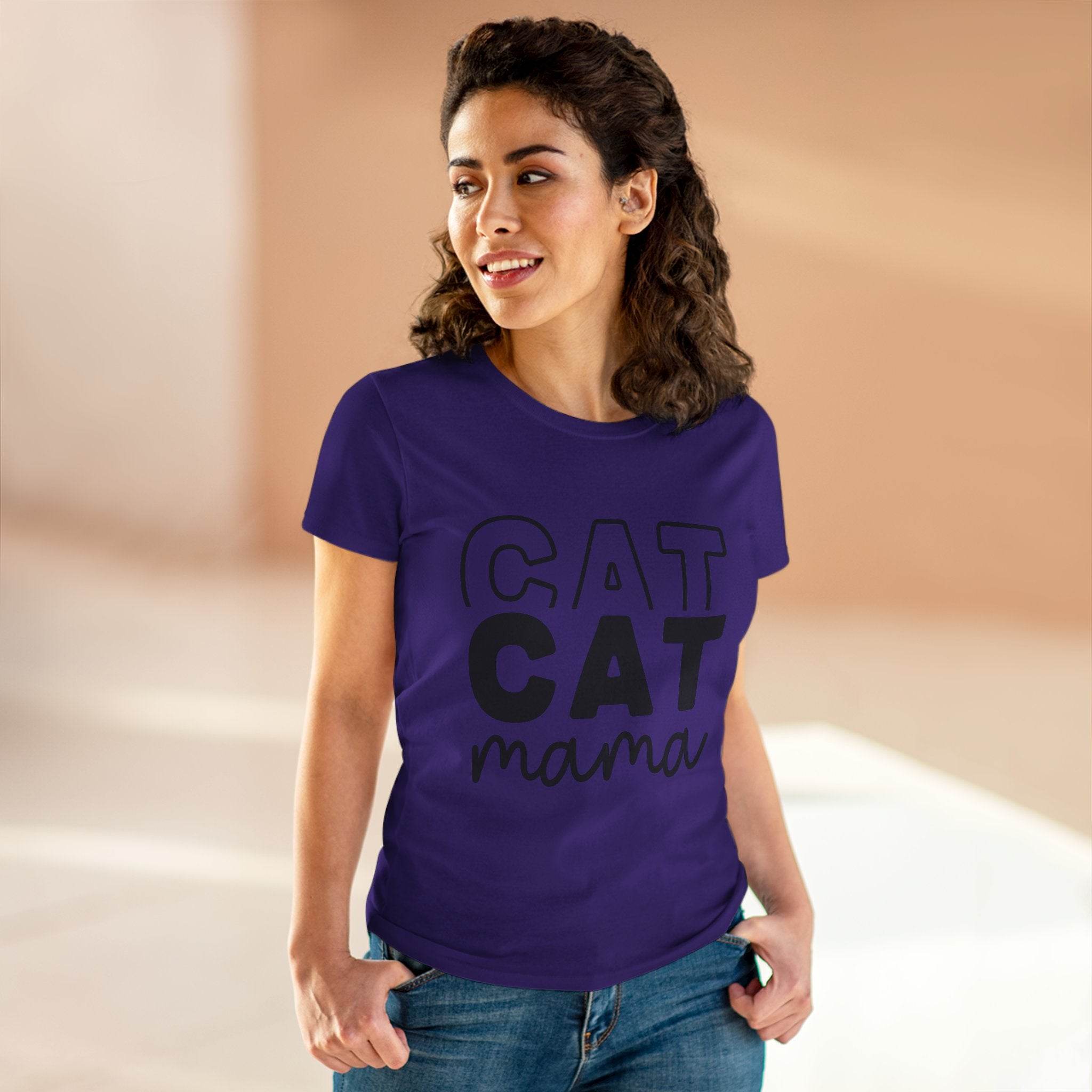 Woman wearing Printify purple eco-friendly cat mom shirt with black cat mama print and casual jeans