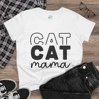 Printify eco-friendly cat mom shirt white tee with bold black CAT CAT mama text laid flat with jeans and sneakers