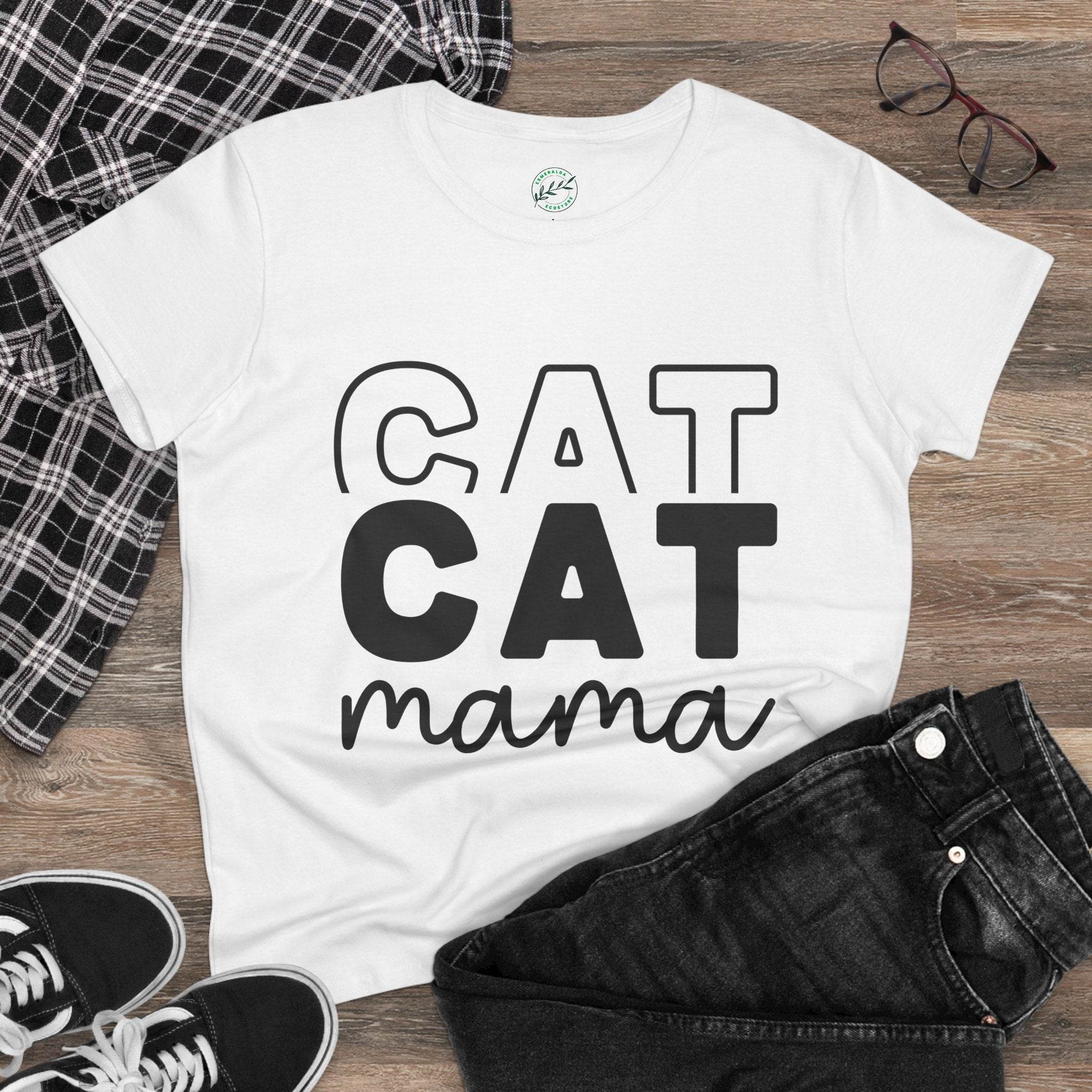Printify eco-friendly cat mom shirt white tee with bold black CAT CAT mama text laid flat with jeans and sneakers