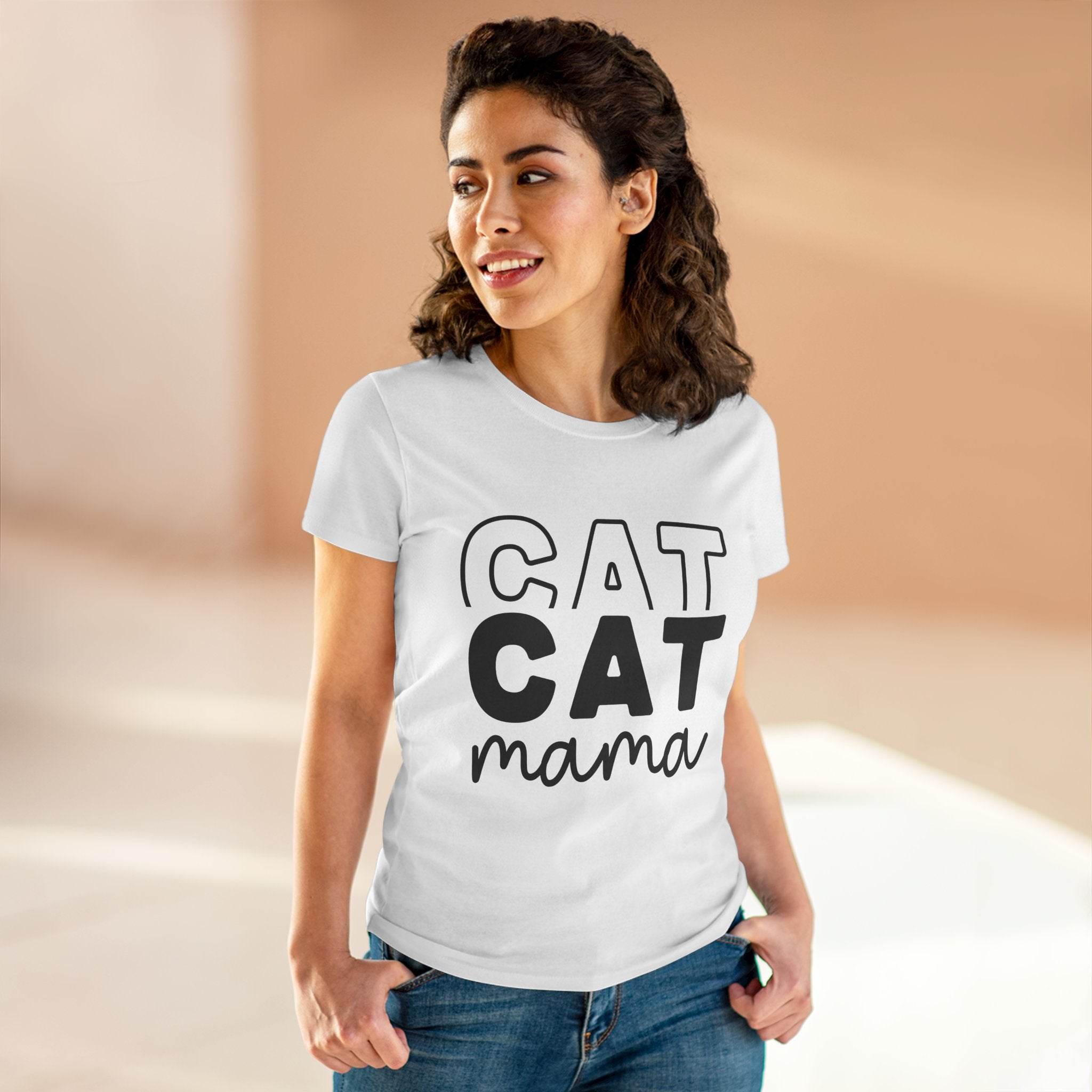 Woman wearing eco-friendly cat mom shirt white graphic tee with CAT CAT mama print modeled by Printify with jeans